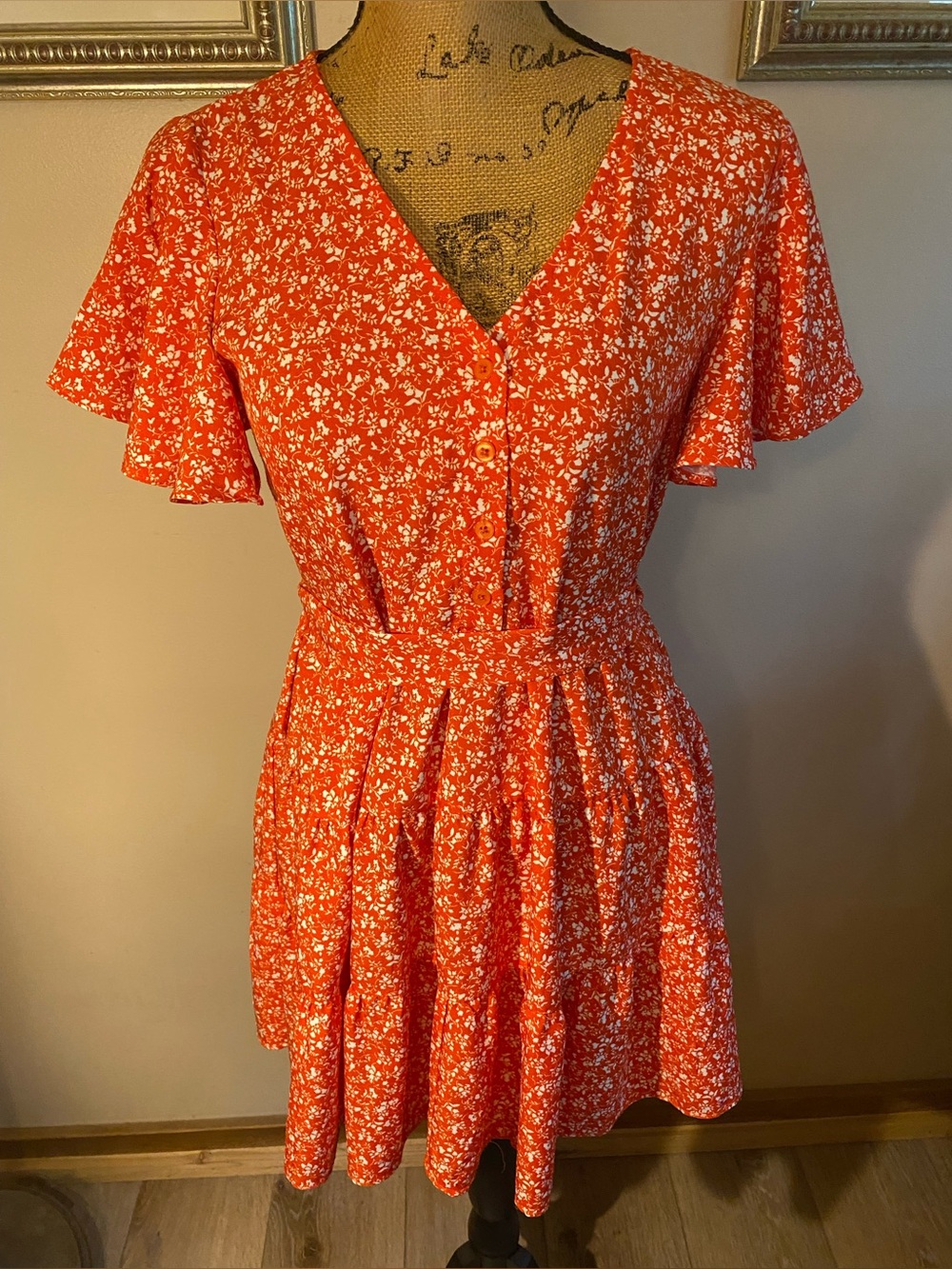 SHEIN Dress Size Medium Orange Ditsy Floral Wrap-Style Casual with Tie Waist